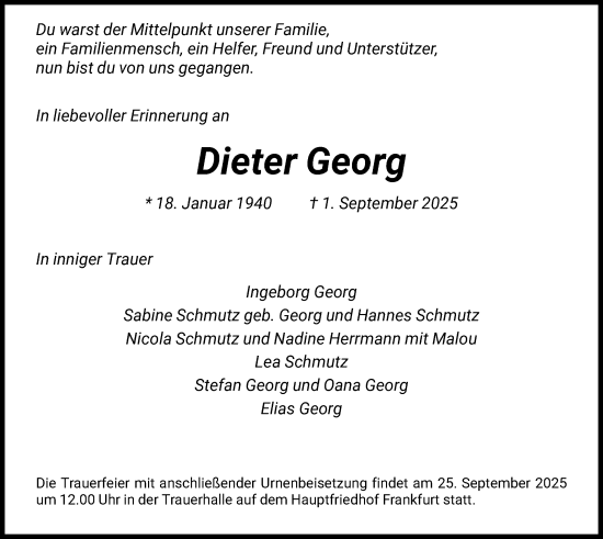 Traueranzeige von Dieter Georg von FNP