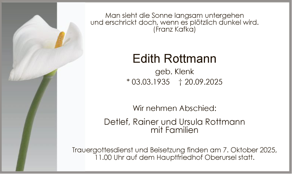  Traueranzeige für Edith Rottmann vom 27.09.2025 aus FNP