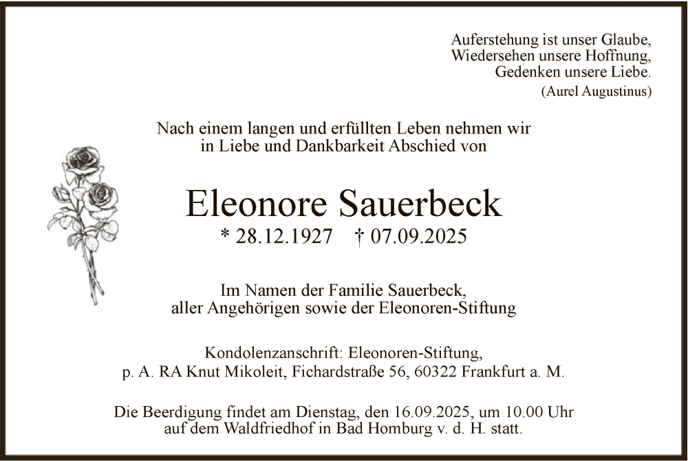  Traueranzeige für Eleonore Sauerbeck vom 13.09.2025 aus FNP