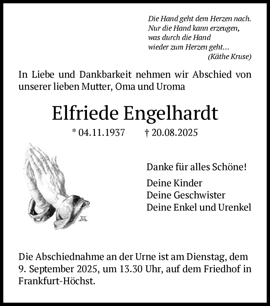  Traueranzeige für Elfriede Engelhardt vom 04.09.2025 aus FNP