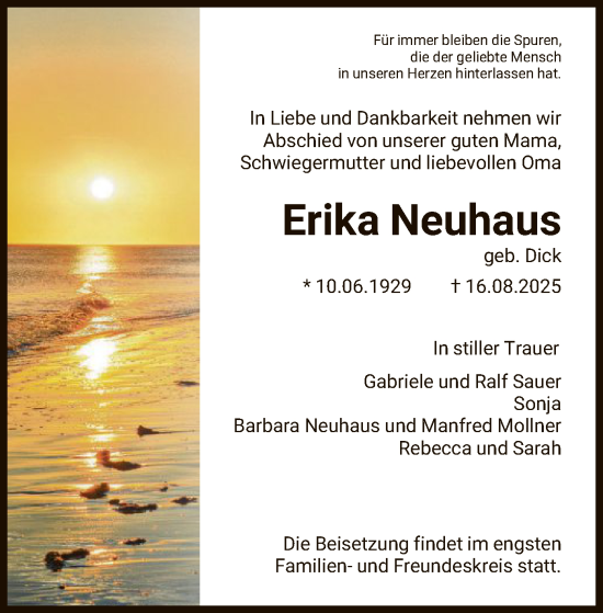 Traueranzeige von Erika Neuhaus von FNP
