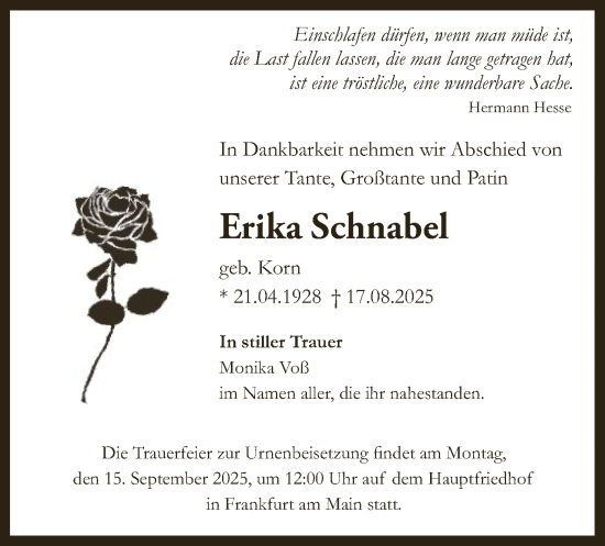 Traueranzeige von Erika Schnabel von FNP