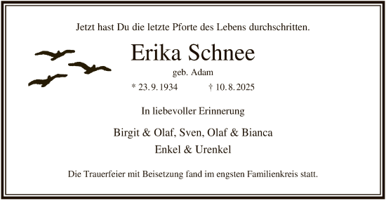 Traueranzeige von Erika Schnee von FNP