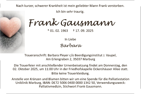 Traueranzeige von Frank Gausmann von FNP