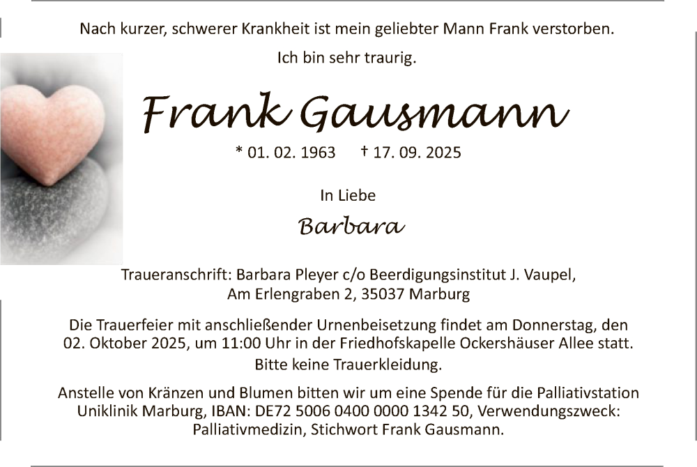  Traueranzeige für Frank Gausmann vom 27.09.2025 aus FNP