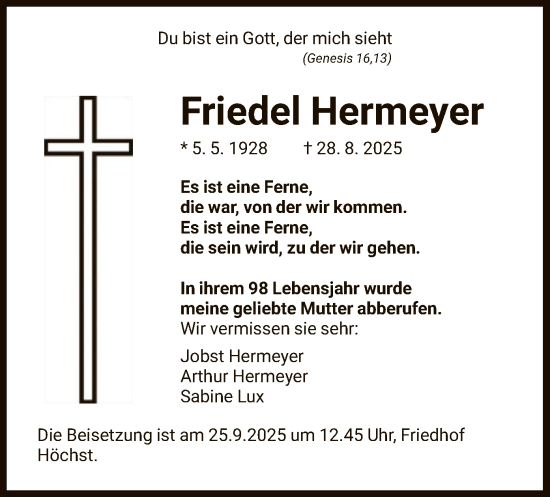 Traueranzeige von Friedel Hermeyer von FNP