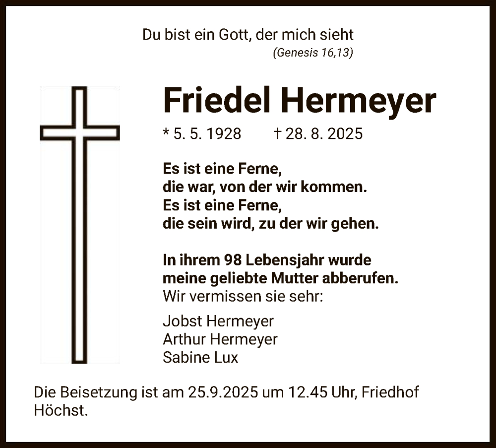  Traueranzeige für Friedel Hermeyer vom 20.09.2025 aus FNP