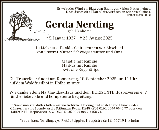Traueranzeige von Gerda Nerding von FNP