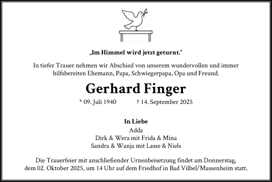 Traueranzeige von Gerhard Finger von FNP
