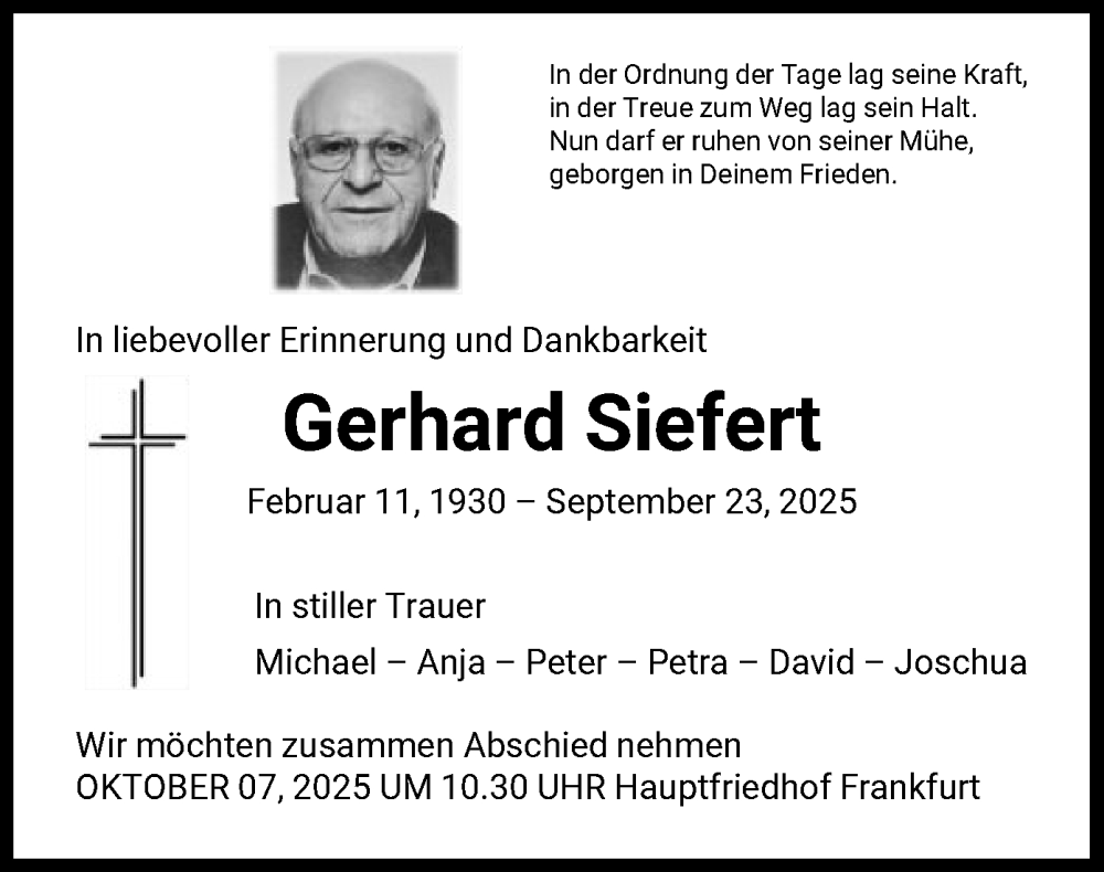  Traueranzeige für Gerhard Siefert vom 27.09.2025 aus FNP