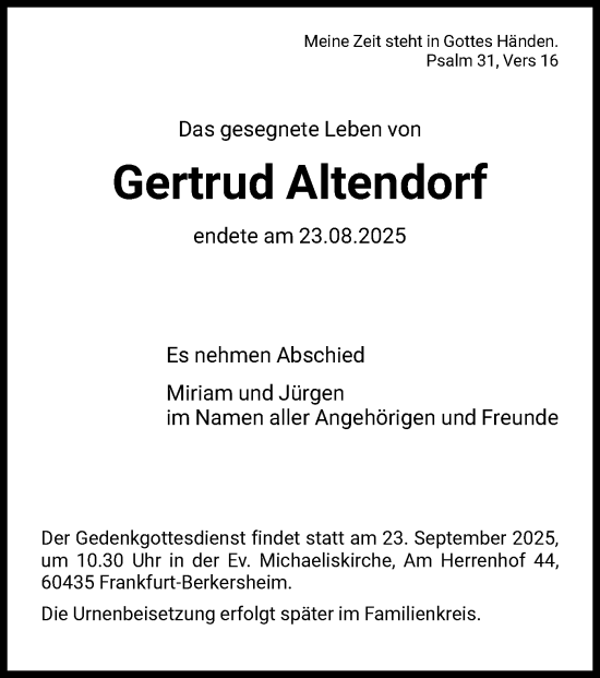 Traueranzeige von Gertrud Altendorf von FNP