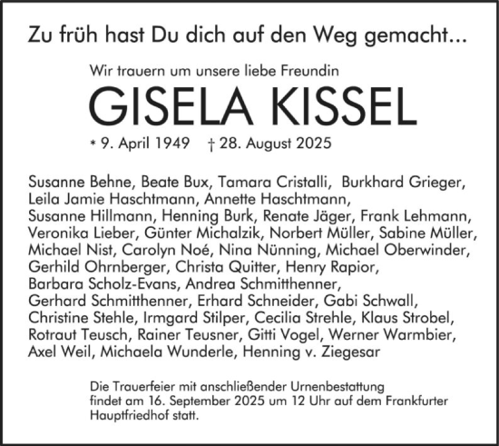 Traueranzeige von Gisela Kissel von FNP