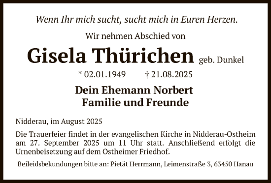 Traueranzeige von Gisela Thürichen von FNP