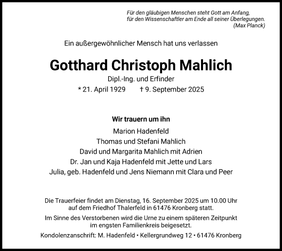 Traueranzeige von Gotthard Christoph Mahlich von FNP