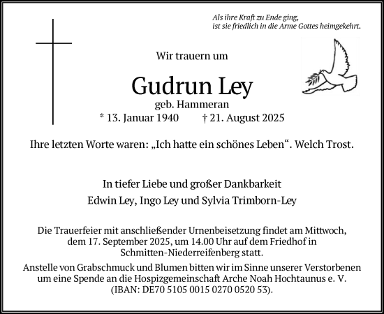 Traueranzeige von Gudrun Ley von FNP