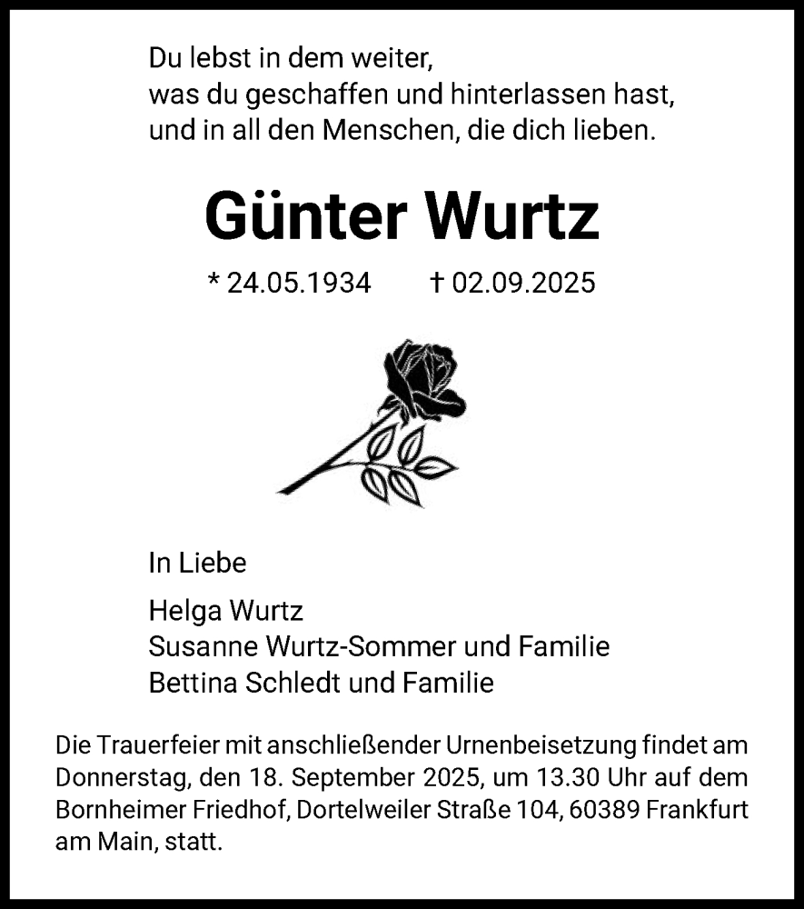 Traueranzeige für Günter Wurtz vom 13.09.2025 aus FNP