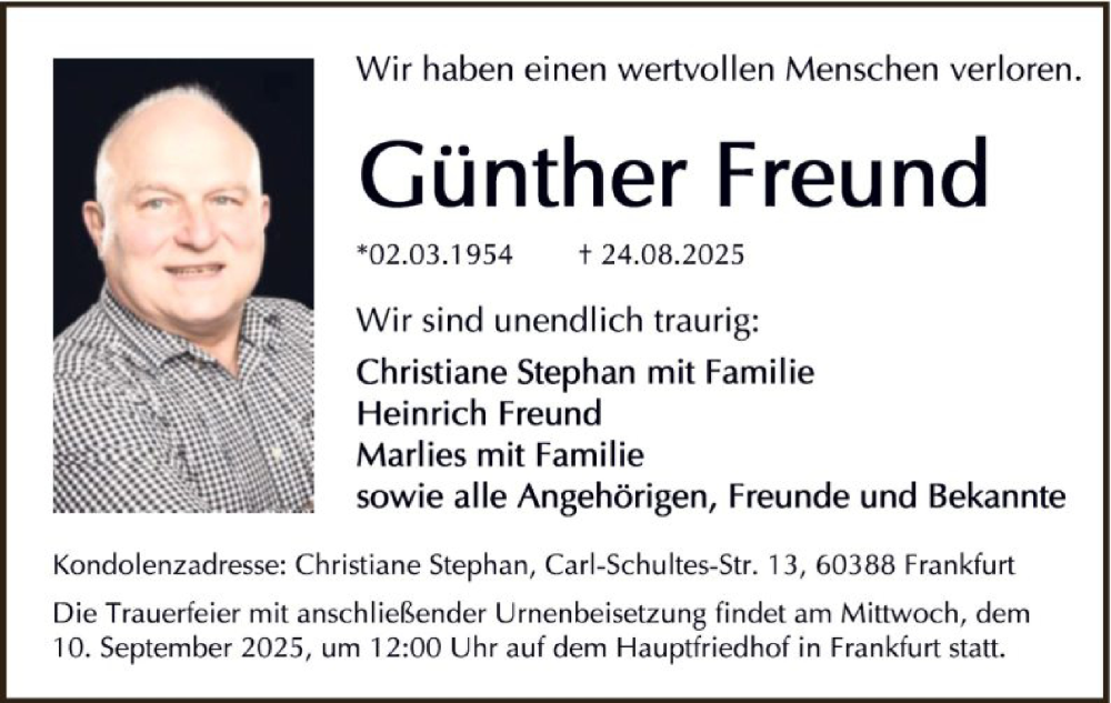  Traueranzeige für Günther Freund vom 06.09.2025 aus FNP