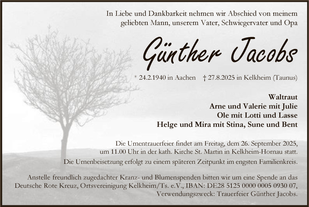 Traueranzeige für Günther Jacobs vom 13.09.2025 aus FNP
