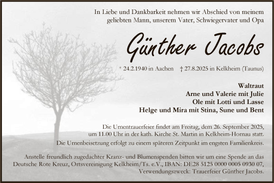 Traueranzeige von Günther Jacobs von FNP