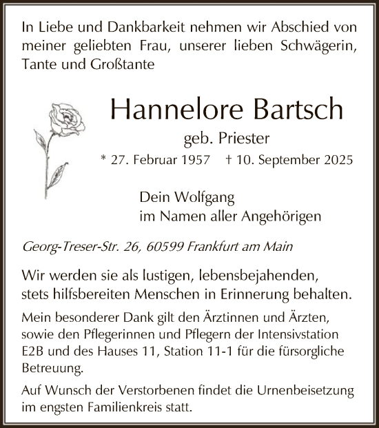 Traueranzeige von Hannelore Bartsch von FNP