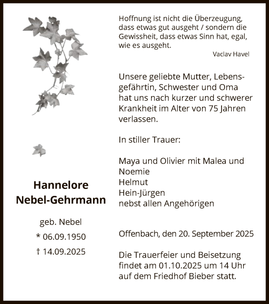 Traueranzeige von Hannelore Nebel-Gehrmann von FNP