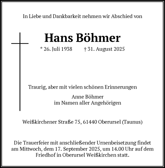 Traueranzeige von Hans Böhmer von FNP
