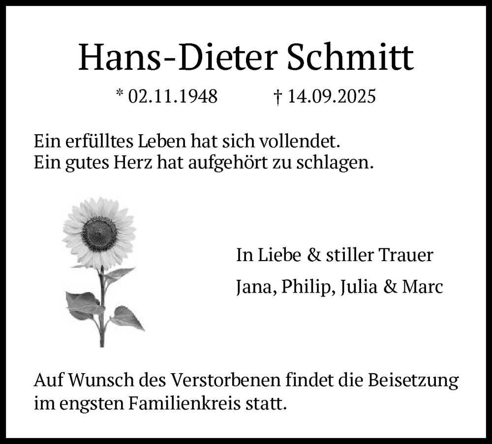  Traueranzeige für Hans-Dieter Schmitt vom 20.09.2025 aus FNP