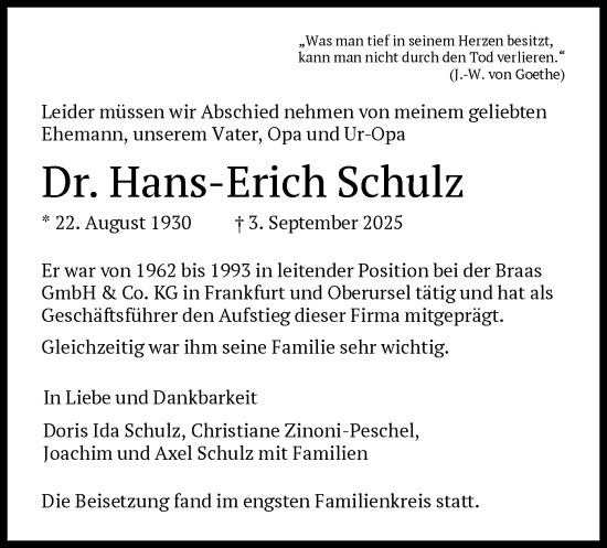 Traueranzeige von Hans-Erich Schulz von FNP