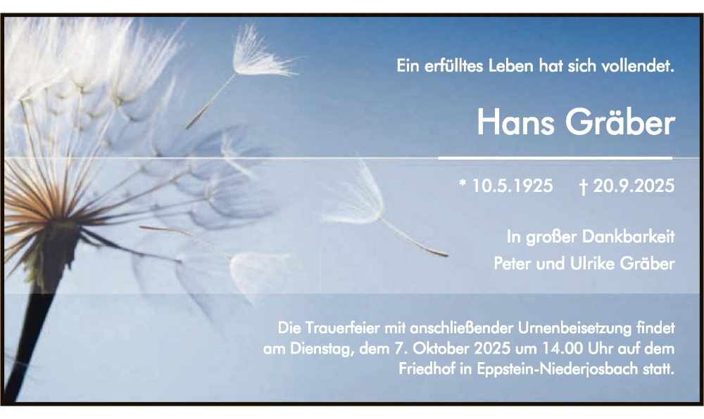  Traueranzeige für Hans Gräber vom 27.09.2025 aus FNP