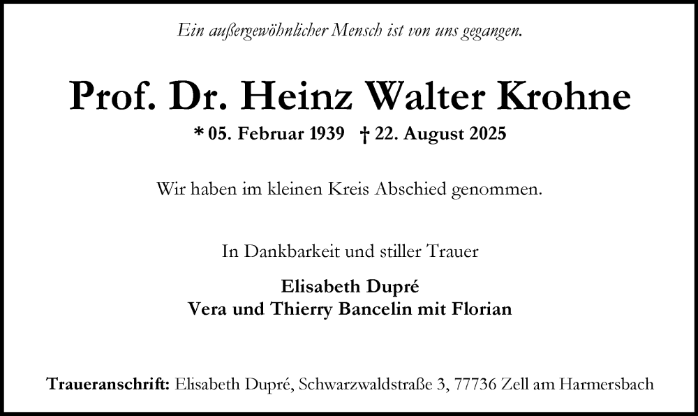  Traueranzeige für Heinz Walter Krohne vom 20.09.2025 aus FNP