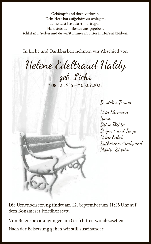  Traueranzeige für Helene Edeltraud Haldy vom 10.09.2025 aus FNP