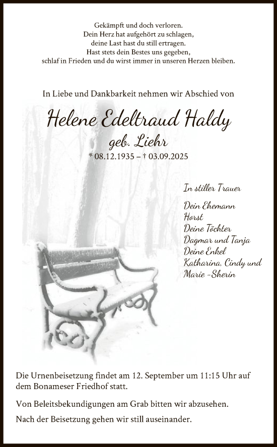 Traueranzeige von Helene Edeltraud Haldy von FNP