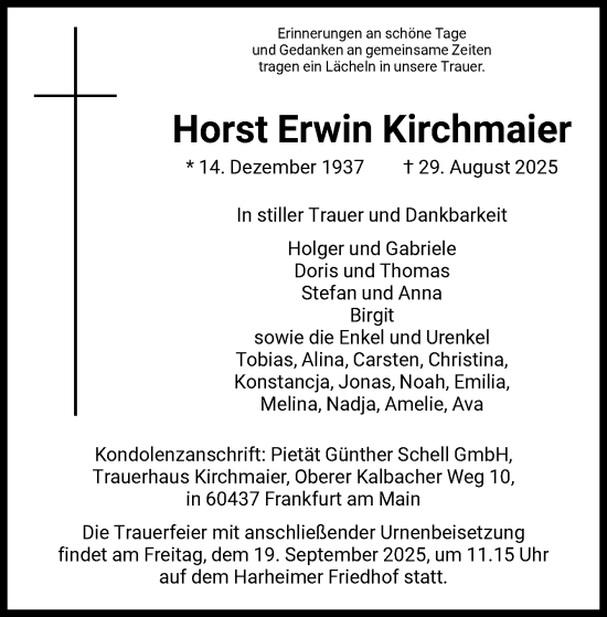 Traueranzeige von Horst Erwin Kirchmaier von FNP