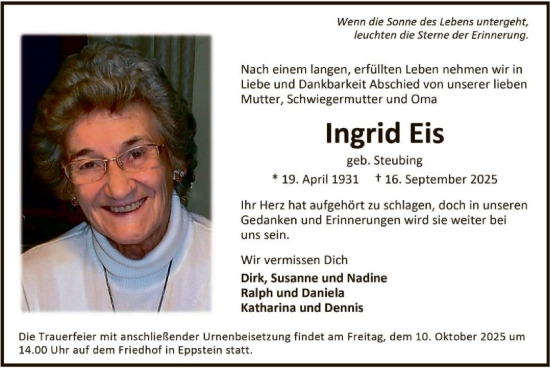 Traueranzeige von Ingrid Eis von FNP