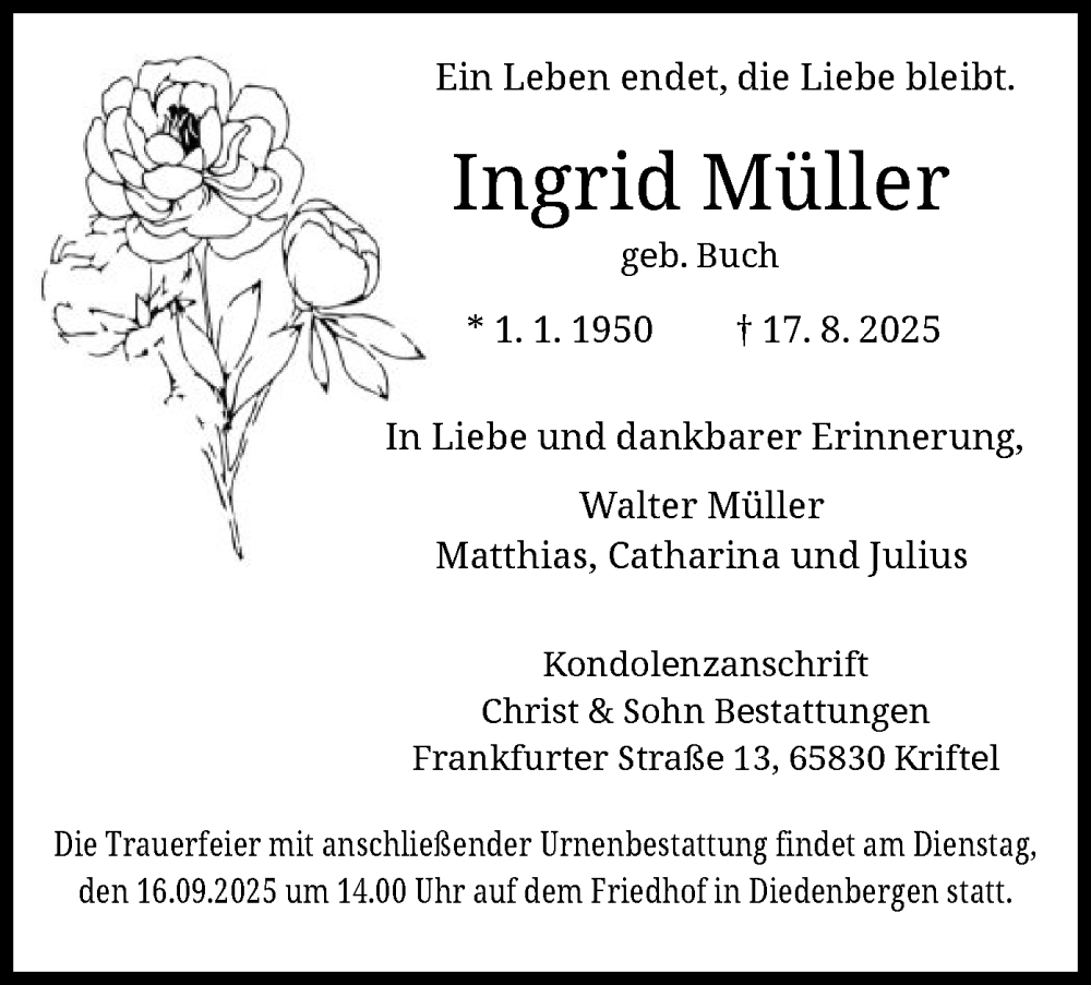  Traueranzeige für Ingrid Müller vom 04.09.2025 aus FNP