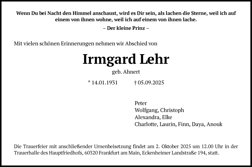  Traueranzeige für Irmgard Lehr vom 20.09.2025 aus FNP