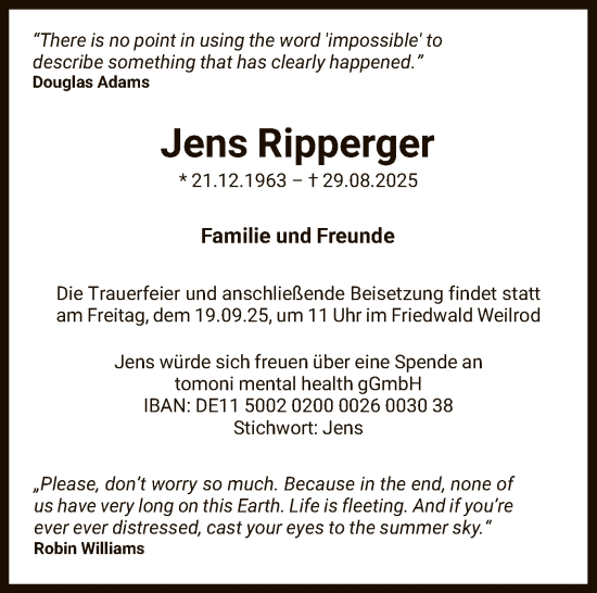Traueranzeige von Jens Ripperger von FNP
