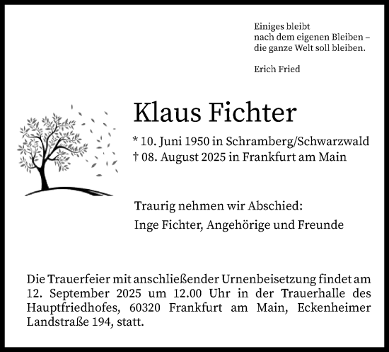 Traueranzeige von Klaus Fichter von FNP