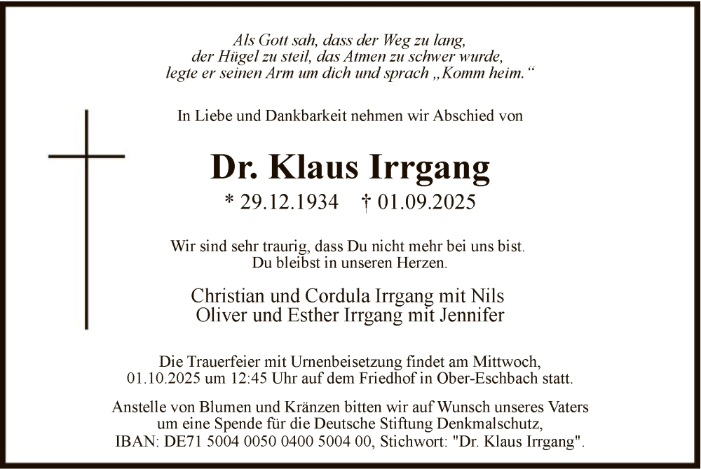  Traueranzeige für Klaus Irrgang vom 13.09.2025 aus FNP