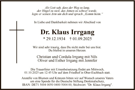 Traueranzeige von Klaus Irrgang von FNP