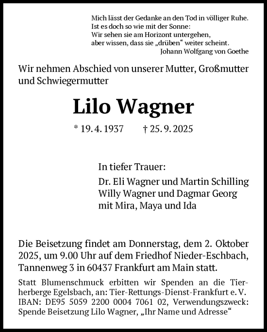 Traueranzeige von Lilo Wagner von FNP