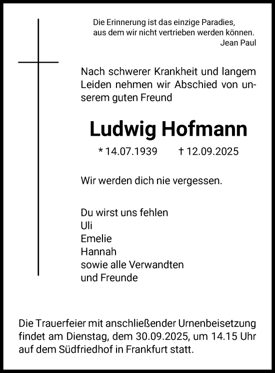 Traueranzeige von Ludwig Hofmann von FNP