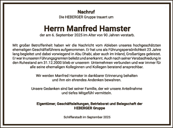 Traueranzeige von Manfred Hamster von FNP