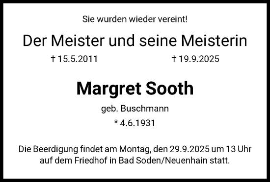 Traueranzeige von Margret Sooth von FNP