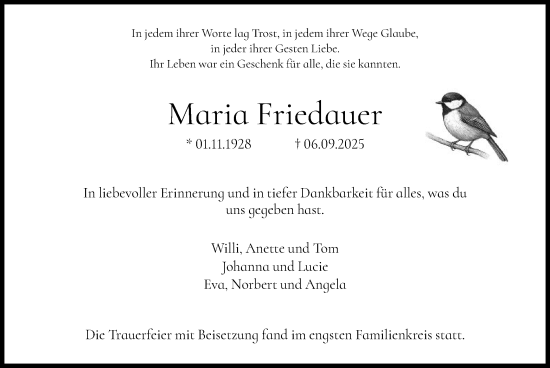Traueranzeige von Maria Friedauer von FNP
