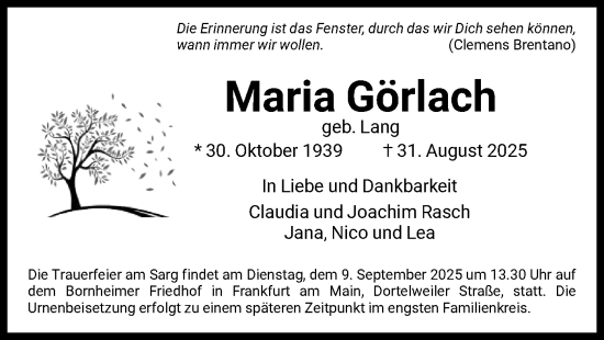 Traueranzeige von Maria Görlach von FNP