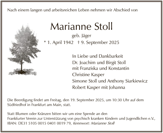 Traueranzeige von Marianne Stoll von FNP