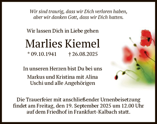 Traueranzeige von Marlies Kiemel von FNP