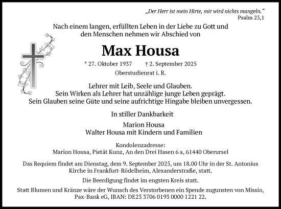 Traueranzeige von Max Housa von FNP