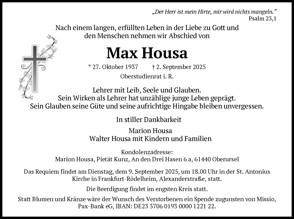  Traueranzeige für Max Housa vom 06.09.2025 aus FNP